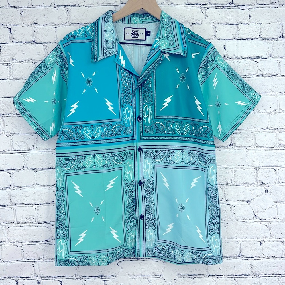 SOLE BOY Lightweight Bandana Patchwork S/S Button Up Shirt SMALL Blue/Green EUC!